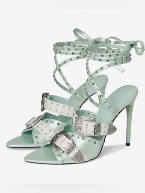 NEW STEVE MADDEN STUDDED METAL BUCKLE ANKLE WRAP STILETTOS IN MINT